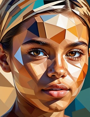 A polygonal art style of a beautiful 13-year-old Mexican girl with caramel skin tone and short, straight blonde hair, close-up of her face, front view. (((intricate details))), (((best quality))), (((extreme detail quality))), (((complex composition))), in the style of Charis Tsevis, Jen Stark, Liam Brazier.