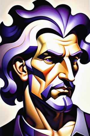 Create a cubist artwork depicting a mature 35-year-old Italian man with fair skin and long, curly purple hair. The focus should be a close-up of his face from a frontal view. Use fragmented shapes and multiple perspectives typical of cubism to abstractly capture his features, emphasizing facial contours and the vibrant curls of his purple hair. The piece should convey a sense of complexity and depth, with angular lines and overlapping forms that create a dynamic and intriguing composition.






