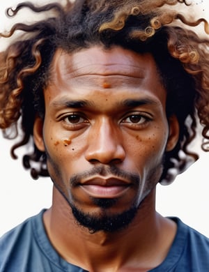  Watercolor style, a Jamaican man around 35 years old with caramel skin tone and loose curly hair, close-up of face, front view, serious expression. [Joseph Zbukvic, Agnes-Cecile, Yuko Nagayama]