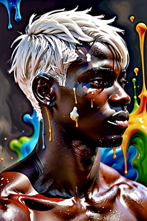  Create an oil painting artwork with color splashes, depicting a 23-year-old Cameroonian man with dark skin and short, straight white hair. The focus should be a close-up of his face from a frontal view. Use the rich texture of oil painting to capture the details of his skin and features, while vibrant color splashes bring movement and energy to the composition. His short, straight white hair should stand out strikingly against his dark skin, creating a visually impactful and expressive piece.






