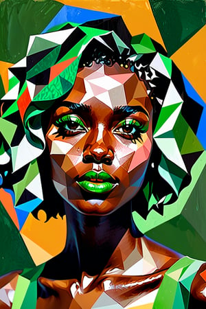 Create a gouache and polygonal-style artwork depicting a beautiful 25-year-old American woman with dark skin and short, curly green hair. The focus should be a close-up of her face from a frontal view. Use the rich texture and vibrant colors of gouache to highlight her features and green hair, while polygonal geometric shapes bring angular structure and modernity to the composition. The piece should convey a sense of boldness and innovation, blending the softness of gouache with the sharp precision of polygonal style.