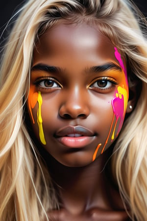 Create a color splash-style artwork depicting a beautiful 15-year-old Honduran girl with dark skin, full lips, and long, straight blonde hair. The focus should be a close-up of her face from a frontal view. Use vibrant bursts of color to capture the liveliness of her features, with dynamic splashes highlighting the contrast between the smoothness of her dark skin and the brightness of her long blonde hair. The piece should convey a sense of energy and expressiveness, with bold brushstrokes that emphasize her natural beauty and the visual impact of the composition.






