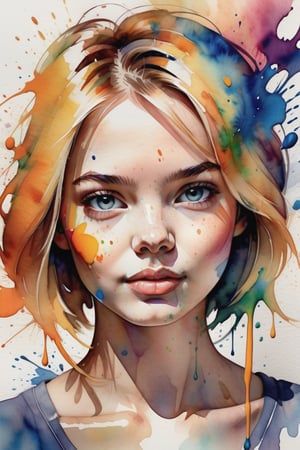 Create a watercolor artwork with vibrant color splashes, depicting a beautiful 24-year-old Dutch woman with fair skin and short, straight hair. The focus should be a close-up of her face from a frontal view. Use the fluidity of watercolor to create a soft, dynamic background, while vibrant splashes of color highlight her delicate features and sleek hair. The piece should convey freshness and energy, with expressive brushstrokes and colors that bring movement to the composition, emphasizing the purity of her face and the contrast with the vibrant tones.






