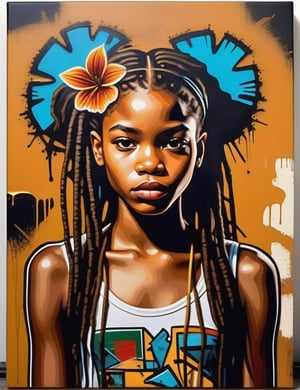  A graffiti art style on canvas of a beautiful 14-year-old Nigerian girl with caramel skin tone and long, straight hair, close-up of her face, front view. (((intricate details))), (((best quality))), (((extreme detail quality))), (((complex composition))), in the style of Banksy, Jean-Michel Basquiat, Shepard Fairey.

