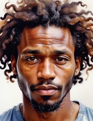  Watercolor style, a Jamaican man around 35 years old with caramel skin tone and loose curly hair, close-up of face, front view, serious expression. [Joseph Zbukvic, Agnes-Cecile, Yuko Nagayama]