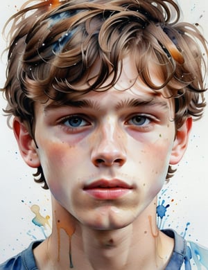 A splash watercolor art style of a 15-year-old Russian boy with fair skin and short, wavy hair, close-up of his face, front view. (((intricate details))), (((best quality))), (((extreme detail quality))), (((complex composition))), in the style of Marion Bolognesi, Agnes Cecile, Elena Romanova.