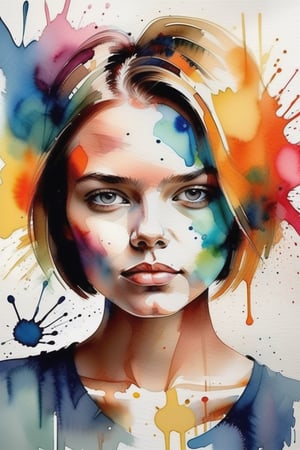 Create a watercolor artwork with vibrant color splashes, depicting a beautiful 24-year-old Dutch woman with fair skin and short, straight hair. The focus should be a close-up of her face from a frontal view. Use the fluidity of watercolor to create a soft, dynamic background, while vibrant splashes of color highlight her delicate features and sleek hair. The piece should convey freshness and energy, with expressive brushstrokes and colors that bring movement to the composition, emphasizing the purity of her face and the contrast with the vibrant tones.






