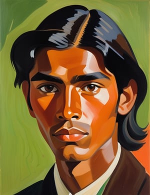 A close-up portrait of a 22-year-old Bolivian man with caramel skin and long, straight black hair, serious expression, front view, in gouache style, using a warm palette of deep browns, rich oranges, and subtle greens with smooth, matte textures. Artists: Mary Blair, John Singer Sargent, Henri Matisse.