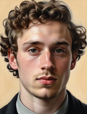 A close-up portrait of a 25-year-old Dutch man with short, curly hair, serious expression, front view, in charcoal drawing style, using a grayscale palette with deep blacks, soft grays, and bright whites, with rich, textured shading and fine details. Artists: Edgar Degas, Käthe Kollwitz, Georges Seurat.