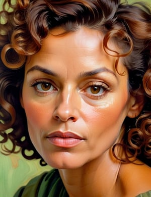 A close-up portrait of a beautiful 45-year-old American woman with caramel skin and loose, curly hair, serious expression, front view, in gouache style, using warm earth tones like deep browns, soft oranges, and subtle greens with a textured, matte finish. Artists: Mary Cassatt, John Singer Sargent, Egon Schiele.