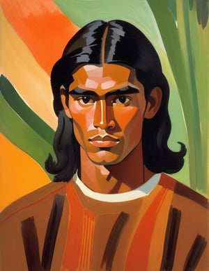 A close-up portrait of a 22-year-old Bolivian man with caramel skin and long, straight black hair, serious expression, front view, in gouache style, using a warm palette of deep browns, rich oranges, and subtle greens with smooth, matte textures. Artists: Mary Blair, John Singer Sargent, Henri Matisse.