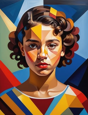 A close-up portrait of a beautiful 14-year-old Mexican girl with fair skin and short, curly hair, serious expression, front view, in polygonal painting style, using sharp geometric shapes and a vibrant palette of bold colors like deep reds, bright yellows, and vivid blues. Artists: Pablo Picasso, Viktor Vasarely, Jean Metzinger.