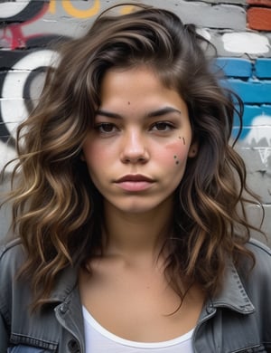 A close-up portrait of a beautiful 23-year-old Bolivian woman with fair skin and wavy, tightly packed hair, serious expression, front view, in graffiti art style on a wall, using a monochromatic palette with shades of gray and white, with rough, textured strokes and urban elements. Artists: Banksy, Jean-Michel Basquiat, Shepard Fairey.