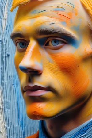 A close-up portrait of a 25-year-old Dutch man with fair skin and short, straight blonde hair, front view, in wax crayon style, using a vibrant color palette of soft yellows, light blues, and warm oranges with textured, layered strokes typical of wax crayons. Artists: Jean Dubuffet, Cy Twombly, Joan Miró.