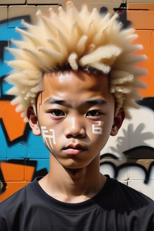 Create a graffiti-style artwork on a wall, depicting a 14-year-old Chinese boy with caramel skin and short, blonde afro hair. The focus should be a close-up of his face from a frontal view. Use the urban aesthetic of graffiti to capture the texture of his blonde afro and the details of his features, with bold lines and contrasting shading that emphasize his youthful expression. The piece should convey a sense of modernity and cultural diversity, with strong strokes and a dynamic approach that integrates the portrait into the urban environment.












