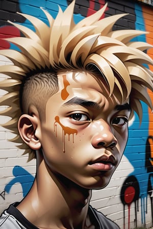 Create a graffiti-style artwork on a wall, depicting a 14-year-old Chinese boy with caramel skin and short, blonde afro hair. The focus should be a close-up of his face from a frontal view. Use the urban aesthetic of graffiti to capture the texture of his blonde afro and the details of his features, with bold lines and contrasting shading that emphasize his youthful expression. The piece should convey a sense of modernity and cultural diversity, with strong strokes and a dynamic approach that integrates the portrait into the urban environment.






