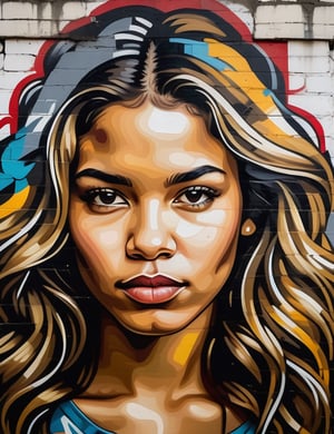 A close-up portrait of a beautiful 23-year-old Bolivian woman with fair skin and wavy, tightly packed hair, serious expression, front view, in graffiti art style on a wall, using a monochromatic palette with shades of gray and white, with rough, textured strokes and urban elements. Artists: Banksy, Jean-Michel Basquiat, Shepard Fairey.