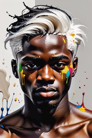  Create an oil painting artwork with color splashes, depicting a 23-year-old Cameroonian man with dark skin and short, straight white hair. The focus should be a close-up of his face from a frontal view. Use the rich texture of oil painting to capture the details of his skin and features, while vibrant color splashes bring movement and energy to the composition. His short, straight white hair should stand out strikingly against his dark skin, creating a visually impactful and expressive piece.






