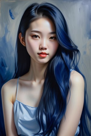  Create an oil painting artwork depicting a beautiful 20-year-old Chinese woman with fair skin and long, loose navy blue hair. The focus should be a close-up of her face from a frontal view. Use the richness and depth of oil painting to capture the details of her pale skin and the softness of her loose hair. The navy blue color of her hair should stand out elegantly, creating a subtle and sophisticated contrast with her skin tone, while textured brushstrokes add realism and depth to the composition.












