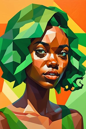 Create a gouache and polygonal-style artwork depicting a beautiful 25-year-old American woman with dark skin and short, curly green hair. The focus should be a close-up of her face from a frontal view. Use the rich texture and vibrant colors of gouache to highlight her features and green hair, while polygonal geometric shapes bring angular structure and modernity to the composition. The piece should convey a sense of boldness and innovation, blending the softness of gouache with the sharp precision of polygonal style.