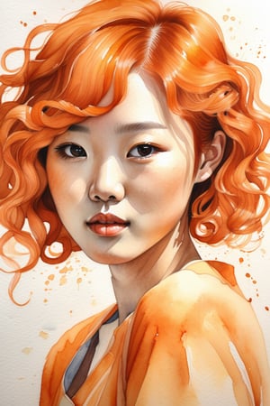  Create a watercolor artwork with soft gouache, depicting a beautiful 25-year-old Korean woman with fair skin and short, tightly curled orange hair. The focus should be a close-up of her face from a frontal view. Use the lightness and fluidity of watercolor to create a soft base, while gouache adds touches of texture and depth to her features. Her curly orange hair should stand out vibrantly against her fair skin, bringing balance and harmony to the composition.