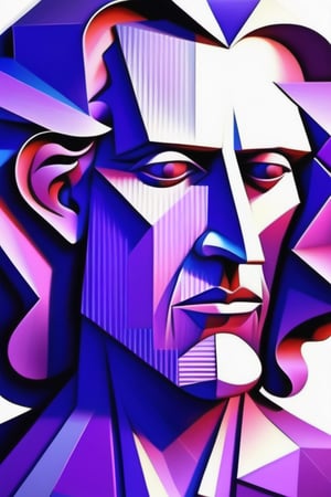 Create a cubist artwork depicting a mature 35-year-old Italian man with fair skin and long, curly purple hair. The focus should be a close-up of his face from a frontal view. Use fragmented shapes and multiple perspectives typical of cubism to abstractly capture his features, emphasizing facial contours and the vibrant curls of his purple hair. The piece should convey a sense of complexity and depth, with angular lines and overlapping forms that create a dynamic and intriguing composition.






