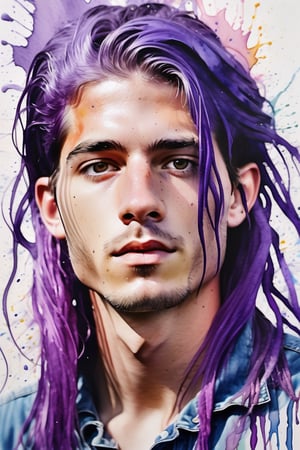 Create a watercolor and gouache artwork with color splashes, depicting a 23-year-old Portuguese man with fair skin and long, straight purple hair. The focus should be a close-up of his face from a frontal view. Use the lightness and fluidity of watercolor to craft a soft background, paired with the intensity and vibrancy of gouache to highlight his facial features and purple hair. Add dynamic splashes of color to infuse energy into the composition, creating a vibrant contrast that emphasizes the uniqueness of the portrait.






