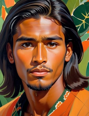 A close-up portrait of a 22-year-old Bolivian man with caramel skin and long, straight black hair, serious expression, front view, in gouache style, using a warm palette of deep browns, rich oranges, and subtle greens with smooth, matte textures. Artists: Mary Blair, John Singer Sargent, Henri Matisse.