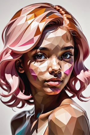 Create a polygonal-style artwork with color splashes, depicting a beautiful 24-year-old Spanish teenager with caramel skin and tightly curled light pink hair. The focus should be a close-up of her face from a frontal view. Use polygonal geometric shapes to sculpt her features with precision, while vibrant color splashes add dynamism and energy to the composition. Her tightly curled light pink hair should contrast strikingly with her caramel skin tone, creating a piece that blends modernity and expressiveness.