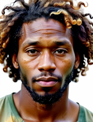  Watercolor style, a Jamaican man around 35 years old with caramel skin tone and loose curly hair, close-up of face, front view, serious expression. [Joseph Zbukvic, Agnes-Cecile, Yuko Nagayama]