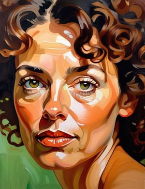 A close-up portrait of a beautiful 45-year-old American woman with caramel skin and loose, curly hair, serious expression, front view, in gouache style, using warm earth tones like deep browns, soft oranges, and subtle greens with a textured, matte finish. Artists: Mary Cassatt, John Singer Sargent, Egon Schiele.