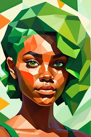 Create a gouache and polygonal-style artwork depicting a beautiful 25-year-old American woman with dark skin and short, curly green hair. The focus should be a close-up of her face from a frontal view. Use the rich texture and vibrant colors of gouache to highlight her features and green hair, while polygonal geometric shapes bring angular structure and modernity to the composition. The piece should convey a sense of boldness and innovation, blending the softness of gouache with the sharp precision of polygonal style.