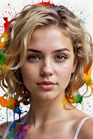 Create a watercolor artwork with color splashes, depicting a beautiful 25-year-old Argentine woman with fair skin and short, tightly curled blonde hair. The focus should be a close-up of her face from a frontal view. Use the fluidity and spontaneity of watercolor to capture the lightness of her features, with vibrant splashes highlighting the texture of her blonde curls and the brightness of her skin. The piece should convey a sense of energy and freshness, with soft brushstrokes and splashes of color creating a dynamic and expressive effect.






