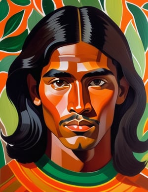 A close-up portrait of a 22-year-old Bolivian man with caramel skin and long, straight black hair, serious expression, front view, in gouache style, using a warm palette of deep browns, rich oranges, and subtle greens with smooth, matte textures. Artists: Mary Blair, John Singer Sargent, Henri Matisse.