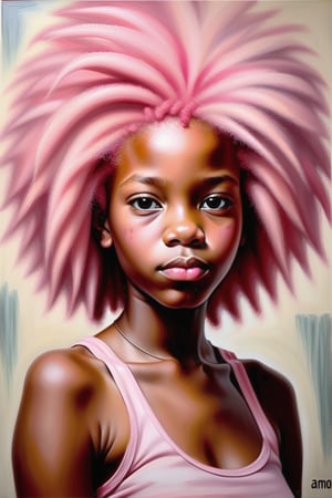 Create an oil painting depicting a beautiful 14-year-old Jamaican girl with fair skin and pink afro hair. The focus should be a close-up of her face from a frontal view. Use the rich texture and depth of oil paint to capture the details of her voluminous afro hair and the softness of her fair skin. The piece should convey a sense of delicacy and strength, with soft brushstrokes and layers of color that create an immersive atmosphere, highlighting the uniqueness of her expression and the vibrancy of her pink hair