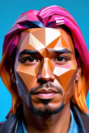 Create a polygonal-style artwork, depicting a 30-year-old Bolivian man with caramel skin and long, straight pink hair. The focus should be a close-up of his face from a frontal view. Use polygonal geometric shapes to sculpt his features with precision and modernity. His long pink hair should stand out against his caramel skin tone, creating a bold and expressive composition, where angular shapes bring a contemporary and stylized feel.