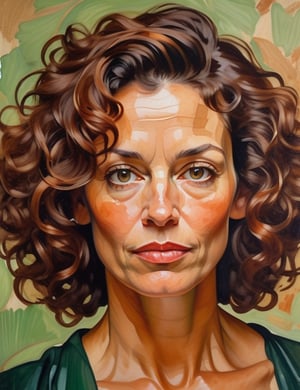 A close-up portrait of a beautiful 45-year-old American woman with caramel skin and loose, curly hair, serious expression, front view, in gouache style, using warm earth tones like deep browns, soft oranges, and subtle greens with a textured, matte finish. Artists: Mary Cassatt, John Singer Sargent, Egon Schiele.