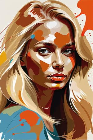  Create a gouache-style artwork with color splashes, depicting a beautiful 30-year-old Russian woman with caramel skin and long, straight blonde hair. The focus should be a close-up of her face from a frontal view. Use gouache to bring texture and depth to her features, while vibrant color splashes add dynamism and movement to the composition. Her long blonde hair should contrast elegantly with her caramel skin tone, creating a vibrant and expressive piece.