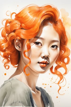  Create a watercolor artwork with soft gouache, depicting a beautiful 25-year-old Korean woman with fair skin and short, tightly curled orange hair. The focus should be a close-up of her face from a frontal view. Use the lightness and fluidity of watercolor to create a soft base, while gouache adds touches of texture and depth to her features. Her curly orange hair should stand out vibrantly against her fair skin, bringing balance and harmony to the composition.