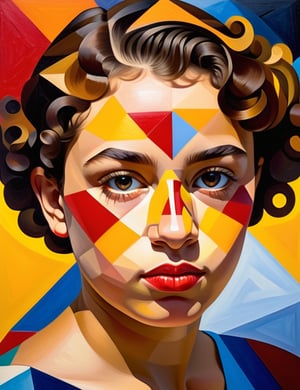 A close-up portrait of a beautiful 14-year-old Mexican girl with fair skin and short, curly hair, serious expression, front view, in polygonal painting style, using sharp geometric shapes and a vibrant palette of bold colors like deep reds, bright yellows, and vivid blues. Artists: Pablo Picasso, Viktor Vasarely, Jean Metzinger.