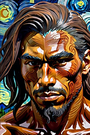 Create an artwork in the style of Vincent Van Gogh, depicting a 26-year-old Mexican man with caramel skin and long, straight hair. The focus should be a close-up of his face from a frontal view. Use the strong and vibrant brushstrokes typical of Van Gogh to capture the texture of his hair and the depth of his features, highlighting the contrasts of light and shadow. The piece should convey a sense of movement and emotion, with intense colors and expressive strokes that bring out the subject's personality, reflecting Van Gogh's unmistakable style.