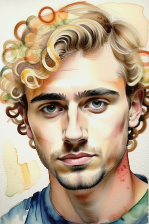 Create a crayon and watercolor painting artwork depicting a 25-year-old Spanish man with fair skin and short, tightly curled blonde hair. The focus should be a close-up of his face from a frontal view. Use crayon to bring texture and definition to the details of his curly hair and facial features, while watercolor provides a soft and fluid base for the skin tones and background. The combination of techniques should create a contrast between the rich texture of the crayon and the translucent lightness of the watercolor, highlighting the harmony of his appearance.


















