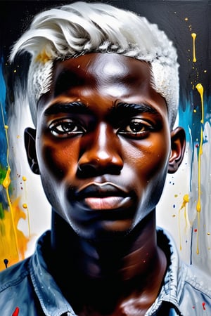  Create an oil painting artwork with color splashes, depicting a 23-year-old Cameroonian man with dark skin and short, straight white hair. The focus should be a close-up of his face from a frontal view. Use the rich texture of oil painting to capture the details of his skin and features, while vibrant color splashes bring movement and energy to the composition. His short, straight white hair should stand out strikingly against his dark skin, creating a visually impactful and expressive piece.






