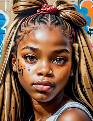  A graffiti art style on canvas of a beautiful 14-year-old Nigerian girl with caramel skin tone and long, straight hair, close-up of her face, front view. (((intricate details))), (((best quality))), (((extreme detail quality))), (((complex composition))), in the style of Banksy, Jean-Michel Basquiat, Shepard Fairey.

