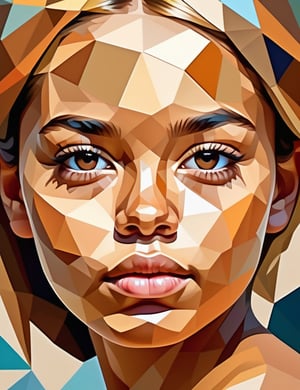 A polygonal art style of a beautiful 13-year-old Mexican girl with caramel skin tone and short, straight blonde hair, close-up of her face, front view. (((intricate details))), (((best quality))), (((extreme detail quality))), (((complex composition))), in the style of Charis Tsevis, Jen Stark, Liam Brazier.