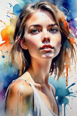 Create a watercolor artwork with vibrant color splashes, depicting a beautiful 24-year-old Dutch woman with fair skin and short, straight hair. The focus should be a close-up of her face from a frontal view. Use the fluidity of watercolor to create a soft, dynamic background, while vibrant splashes of color highlight her delicate features and sleek hair. The piece should convey freshness and energy, with expressive brushstrokes and colors that bring movement to the composition, emphasizing the purity of her face and the contrast with the vibrant tones.






