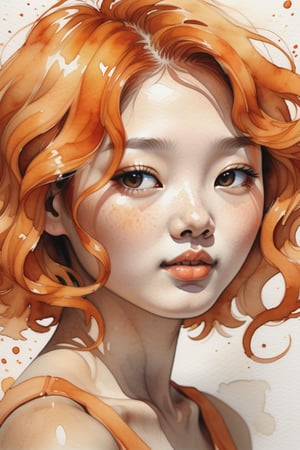  Create a watercolor artwork with soft gouache, depicting a beautiful 25-year-old Korean woman with fair skin and short, tightly curled orange hair. The focus should be a close-up of her face from a frontal view. Use the lightness and fluidity of watercolor to create a soft base, while gouache adds touches of texture and depth to her features. Her curly orange hair should stand out vibrantly against her fair skin, bringing balance and harmony to the composition.