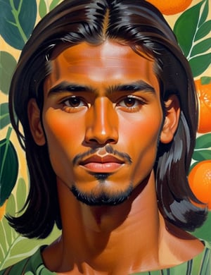 A close-up portrait of a 22-year-old Bolivian man with caramel skin and long, straight black hair, serious expression, front view, in gouache style, using a warm palette of deep browns, rich oranges, and subtle greens with smooth, matte textures. Artists: Mary Blair, John Singer Sargent, Henri Matisse.