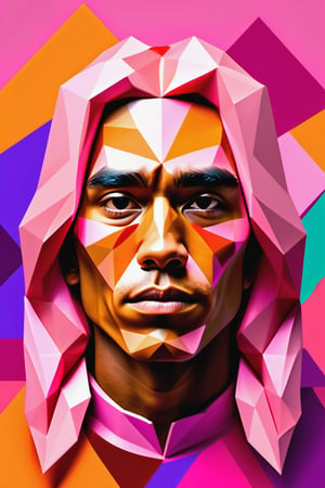 Create a polygonal-style artwork, depicting a 30-year-old Bolivian man with caramel skin and long, straight pink hair. The focus should be a close-up of his face from a frontal view. Use polygonal geometric shapes to sculpt his features with precision and modernity. His long pink hair should stand out against his caramel skin tone, creating a bold and expressive composition, where angular shapes bring a contemporary and stylized feel.