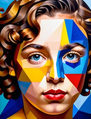 A close-up portrait of a beautiful 14-year-old Mexican girl with fair skin and short, curly hair, serious expression, front view, in polygonal painting style, using sharp geometric shapes and a vibrant palette of bold colors like deep reds, bright yellows, and vivid blues. Artists: Pablo Picasso, Viktor Vasarely, Jean Metzinger.